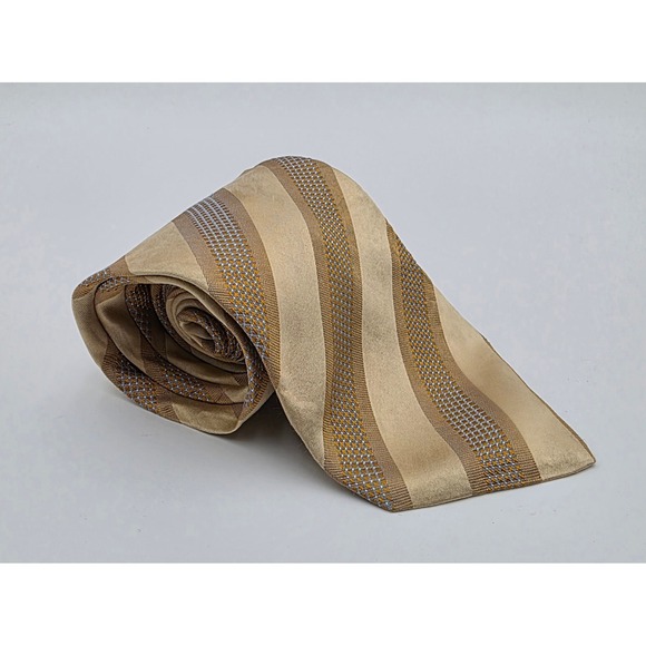 Salvatore Ferragamo Men's Silk Tie Gold Tan Blue Striped Made in Italy Classic